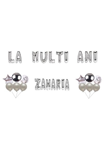 OEM Set baloane „La mulți ani, Zaharia”, decor tort, argintiu, 35 buc