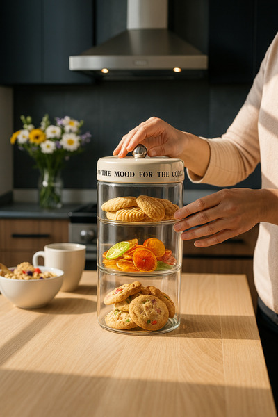 Paşabahçe 3 Katlı Cam Saklama Kabı Seti-(2 x 750ml+600ml) Krem Çok Katlı Atıştırmalık ve Kuru Gıda Düzünleyici