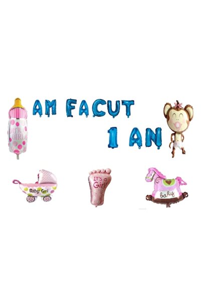 OEM Set baloane aniversare 1 an - "Am împlinit 1 an", albastru, pentru fetiță...