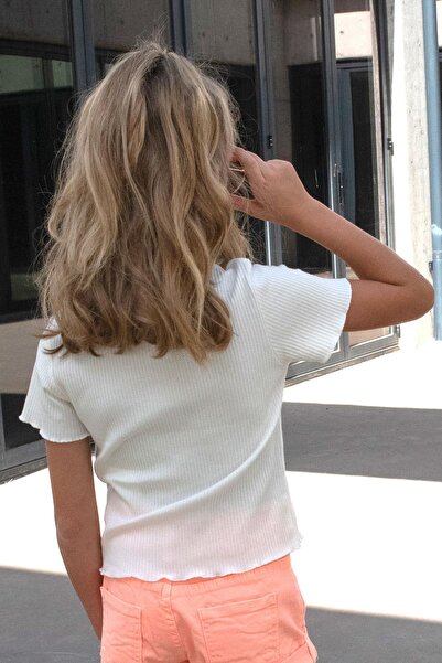 Breeze Girl's T-Shirt with Tulle Flower Embroidery, Beaded Accessories, Belt, Size 8-14 Years, Ecru