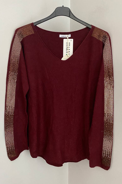 AYASOFYA OTANTIK Bluză pulover pentru femei, italiană, burgundă, cu decolteu ...