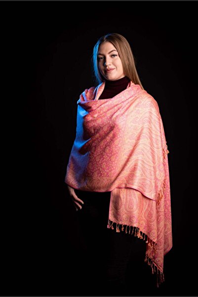 Cara Coral pink reversible cashmere scarf Paisley oriental floral India