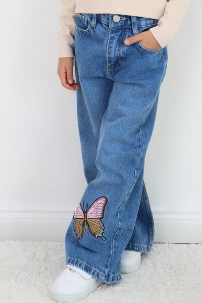 Breeze Pantaloni din denim pentru fete, cu broderie fluture, cu nasturi, cu fermoar, 5-9 ani, albastru