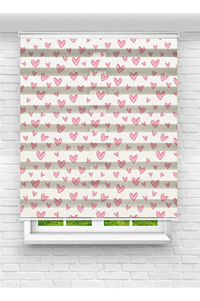 Mas Sevimli Pembe Kalpler Desenli Dijital Baskılı Zebra Stor Perde