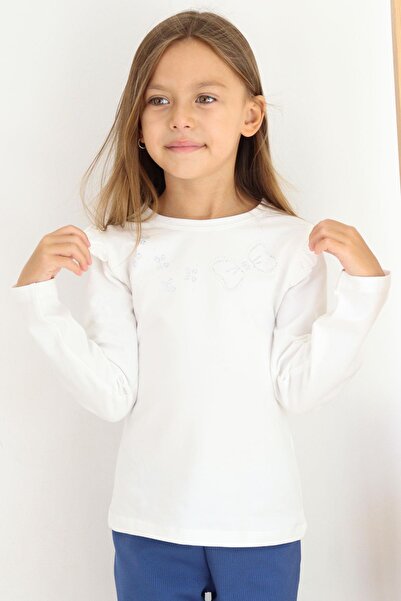 Breeze Μακρυμάνικο μπλουζάκι για κορίτσια με λαμπερή λεπτομέρεια από πέτρα 4-10 ετών, εκρού