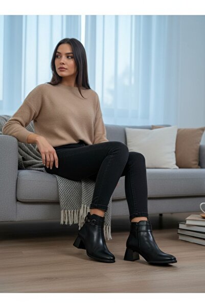 VeliKundura Le_Guzzi̇ Women's Black Zippered Buckle Square Heel Boots