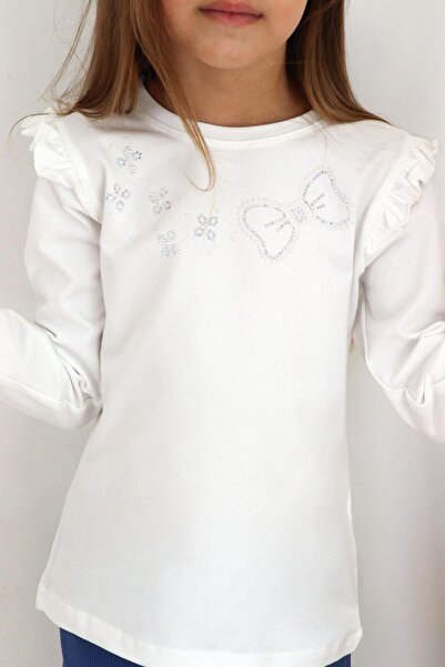 Breeze Μακρυμάνικο μπλουζάκι για κορίτσια με λαμπερή λεπτομέρεια από πέτρα 4-10 ετών, εκρού