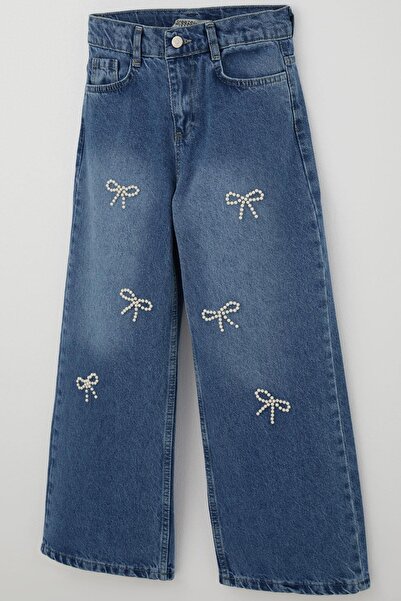 Breeze Pantaloni din denim pentru fete, cu detaliu de perle, cu fundă brodată, 10-14 ani, albastru