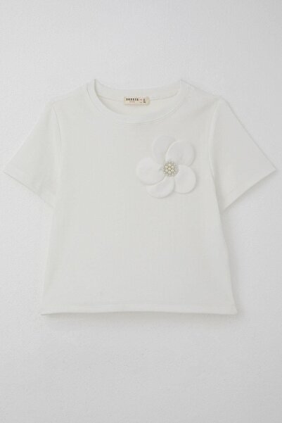 Breeze Κοριτσίστικο μπλουζάκι με λουλουδάτα αξεσουάρ και λεπτομέρεια με πέρλες, ηλικία 9-14 ετών, εκρού