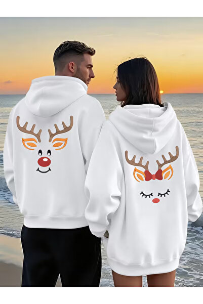 NEVERMIND Hanorac cu glugă pentru cuplu iubit – Geyik cu imprimeu Couple cu g...