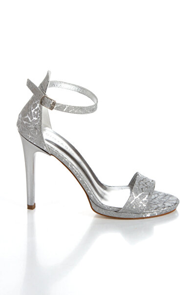 MFT AYAKKABI Women's Silver High Heeled Special Material Single Strap Evening Dress Shoes