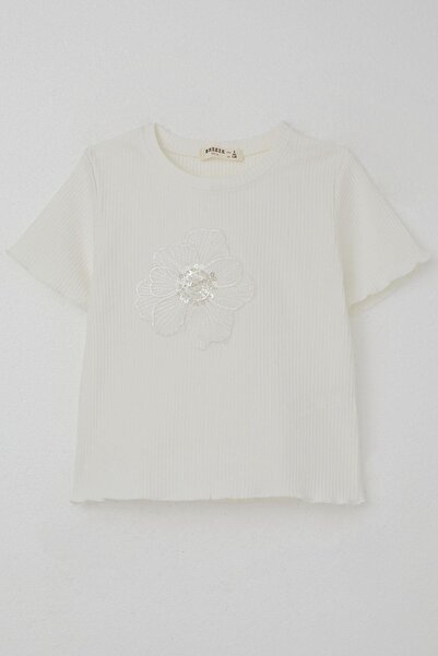 Breeze Girl's T-Shirt with Tulle Flower Embroidery, Beaded Accessories, Belt, Size 8-14 Years, Ecru