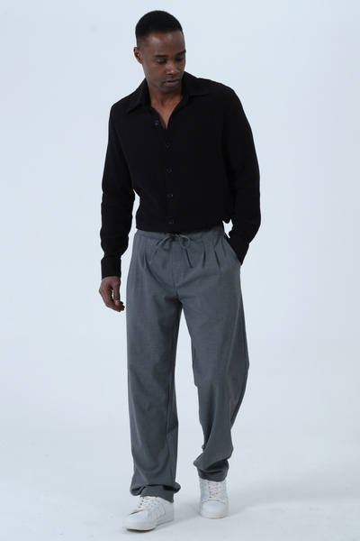 RELAXL Loose Fit Pleated Dark Gray Baggy Fabric Pants with Elastic Waist