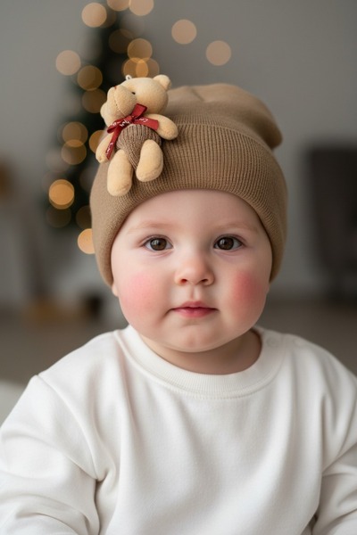 gigigiyim Unisex Baby Beanie with Furry Teddy Bear Detail