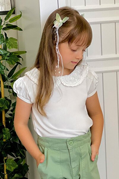 Breeze Κοριτσίστικο μπλουζάκι με λεπτομέρεια κέντημα με λουλούδια στο λαιμό, ηλικία 5-10 ετών, εκρού