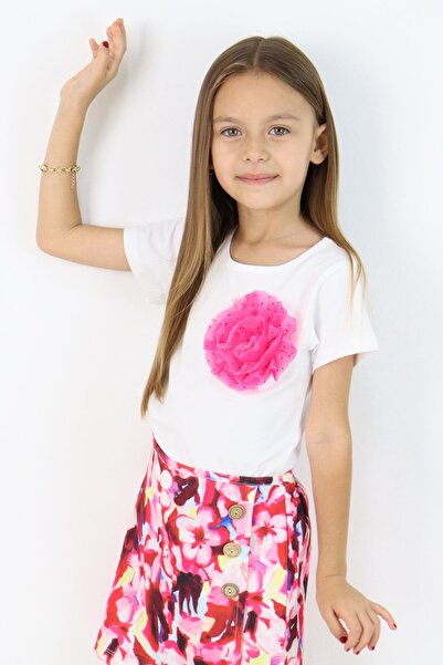 Breeze Tricou pentru fetiță cu accesorii din tul cu flori 5-10 ani, alb