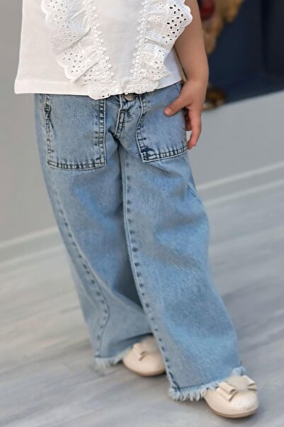 Breeze Pantaloni de blugi pentru fete, cu picioare largi, cu nasturi, cu detaliu cu ciucuri, 5-9 ani, albastru deschis