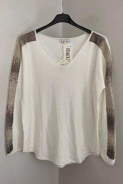 AYASOFYA OTANTIK Γυναικείο ιταλικό πουλόβερ με λευκό λαιμόκοψη σε σχήμα V με λεπτομέρεια από πέτρα