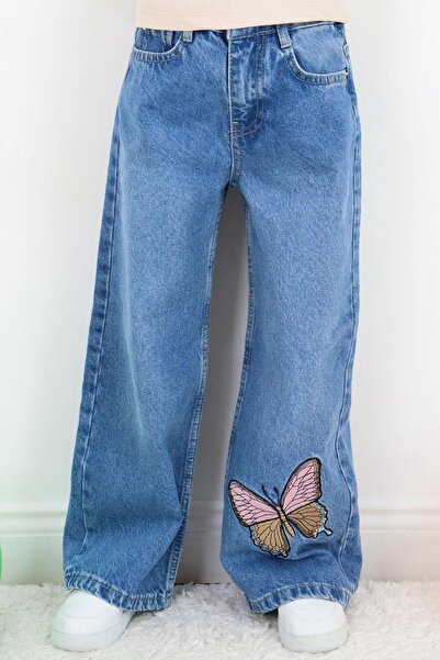 Breeze Pantaloni din denim pentru fete, cu broderie fluture, cu nasturi, cu fermoar, 5-9 ani, albastru