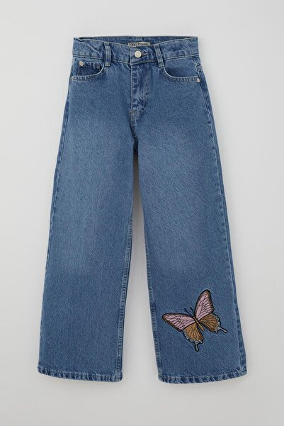Breeze Girl's Jeans with Butterfly Embroidery, Buttoned and Zippered, Ages 10-14, Blue