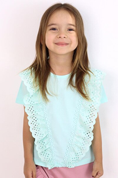 Breeze Girl's T-Shirt with Lace Flowers Embroidered, Ages 1.5-5, Water Green