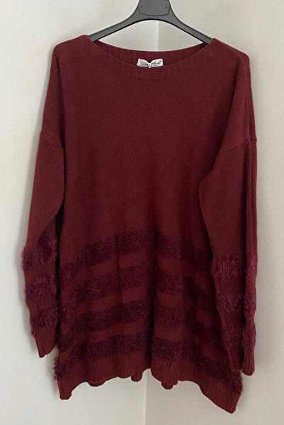 AYASOFYA OTANTIK Women's Italian Burgundy Plain Pattern Fringe Stripe Sweater Tunic