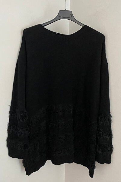 AYASOFYA OTANTIK Women's Italian Black Plain Pattern Fringe Stripe Sweater Tunic