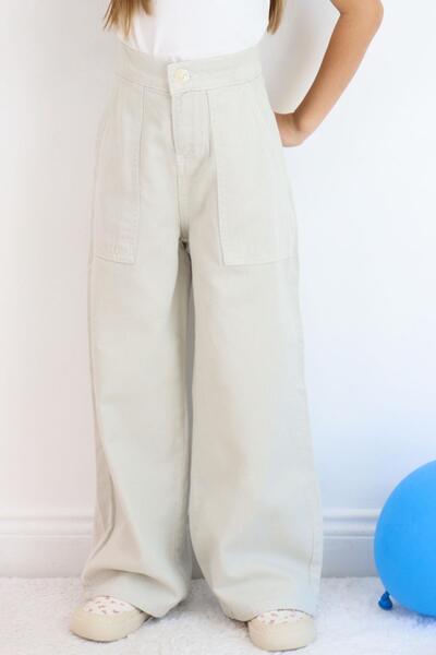 Breeze Girl's Gabardine Trousers Wide Leg Elastic Waist 5-9 Years Old, Stone