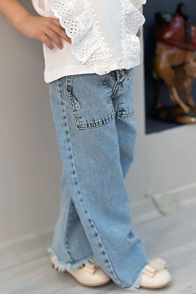 Breeze Pantaloni de blugi pentru fete, cu picioare largi, cu nasturi, cu detaliu cu ciucuri, 5-9 ani, albastru deschis