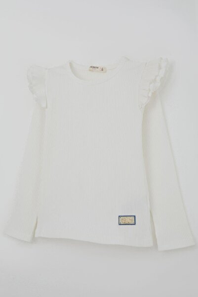 Breeze Μακρυμάνικο μπλουζάκι για κορίτσια με λεπτομέρεια στον ώμο με βολάν 5-10 ετών, εκρού