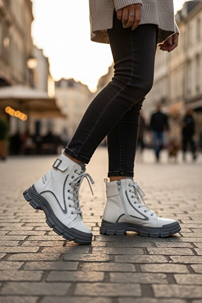 VeliKundura Conpax 5432 White & Smoked Lace-Up & Zippered Belt Boots