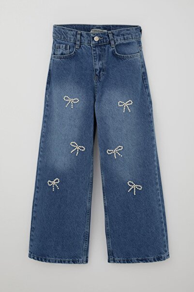 Breeze Pantaloni din denim pentru fete, cu detaliu de perle, cu fundă brodată, 10-14 ani, albastru