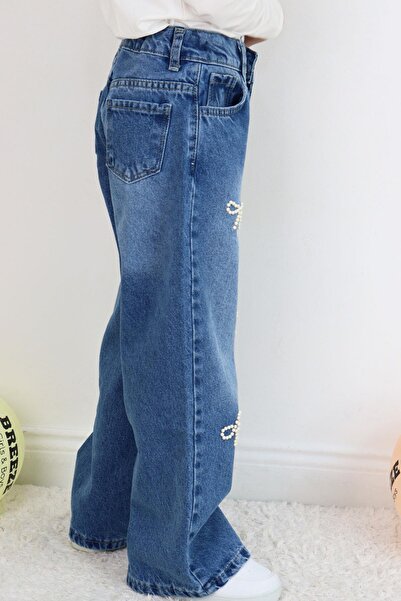 Breeze Pantaloni din denim pentru fete, cu detaliu de perle, cu fundă brodată, 5-9 ani, albastru