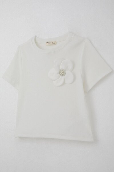 Breeze Κοριτσίστικο μπλουζάκι με λουλουδάτα αξεσουάρ και λεπτομέρεια με πέρλες, ηλικία 9-14 ετών, εκρού