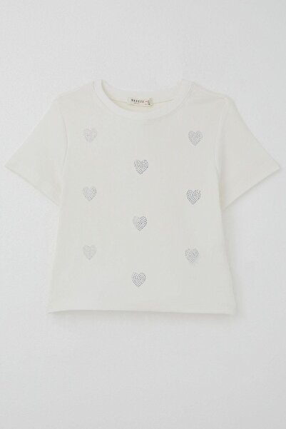 Breeze Girl's T-Shirt with Stone Heart Pattern, Ages 9-14, Ecru