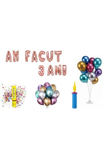 OEM Set baloane aniversare „Am împlinit 3 ani”, auriu roz, 61 buc