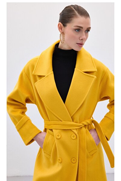 Sateen Long Cashmere Coat with Tie