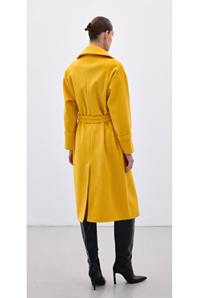 Sateen Long Cashmere Coat with Tie