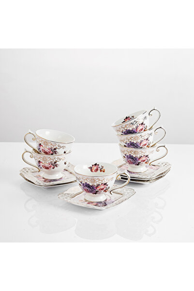 Malooki Set of 6 Porcelain Cups with Saucers – Vintage Floral Design, 90 ml