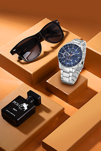 Polo Air Premium Set Hediyelik Kutusunda Erkek Kol Saati Parfüm Gözlük Gümüş ...
