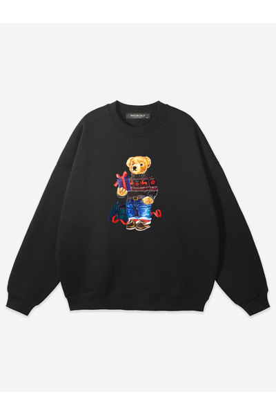 Mad&Calf Unisex Christmas Teddy Printed Crew Neck Oversized Sweatshirt