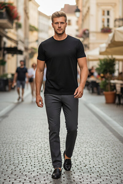 NAZEF Slim Fit Stretch Fabric Crew Neck Short Sleeve Black T-Shirt