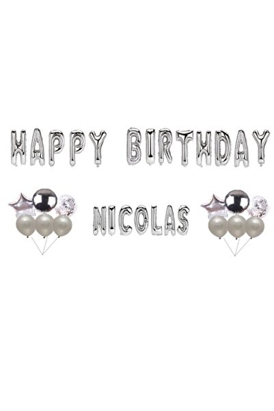 OEM Set baloane La mulți ani Nicolas, decor tort, argintiu, 35 buc