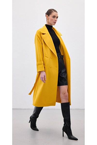 Sateen Long Cashmere Coat with Tie