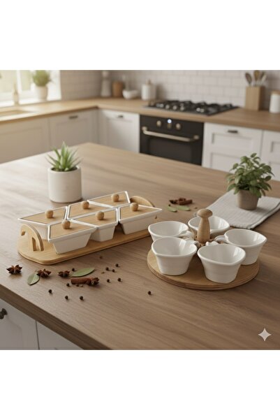 AENLINE HOME Bambu Standlı 2’li Seramik Kahvaltılık & Sunum Seti – 6’lı Kapaklı + 6’lı Sosluk / Çerezlik