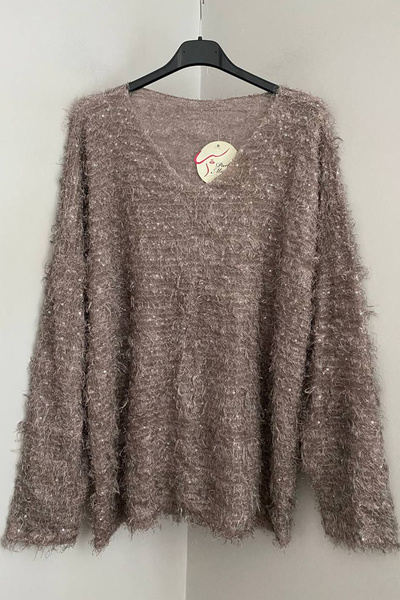 AYASOFYA OTANTIK Women's Italian Mink V-Neck Plain Patterned Sequin Detailed Oversized Beard Blouse Sweater