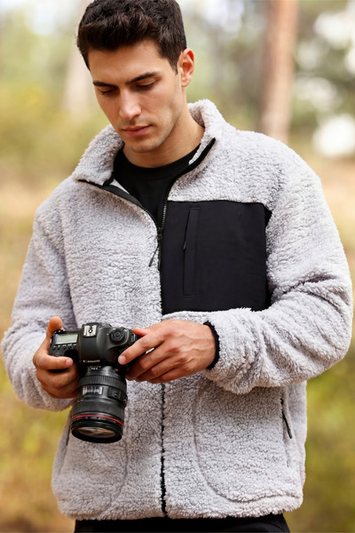 Veleno Erkek Gri Anti Peeling Kuzu Welsoft Polar Ceket Tam Fermuarlı 3 Cepli