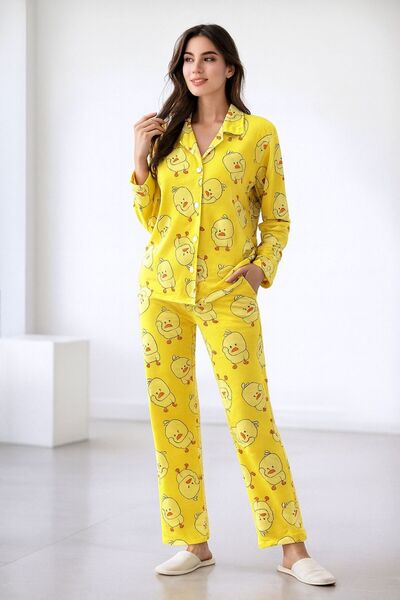 Hepyek Long Sleeve Front Button Suede Pajama Set