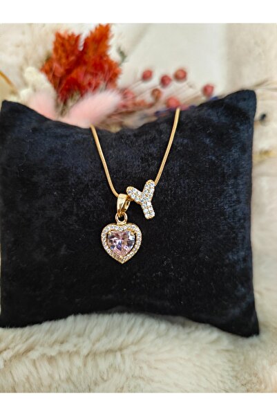 Tuel Harfli Çelik Zirkon Taşlı Kalp Kolye