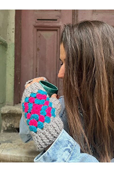 Bohoyasam Bohem Desenli El Örgüsü Yarım Parmak Eldiven – Renkli, Yün-Pamuk Ka...